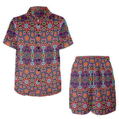 Ethnic Flower Style Print Pattern Men's Beach Shirt and Shorts Set