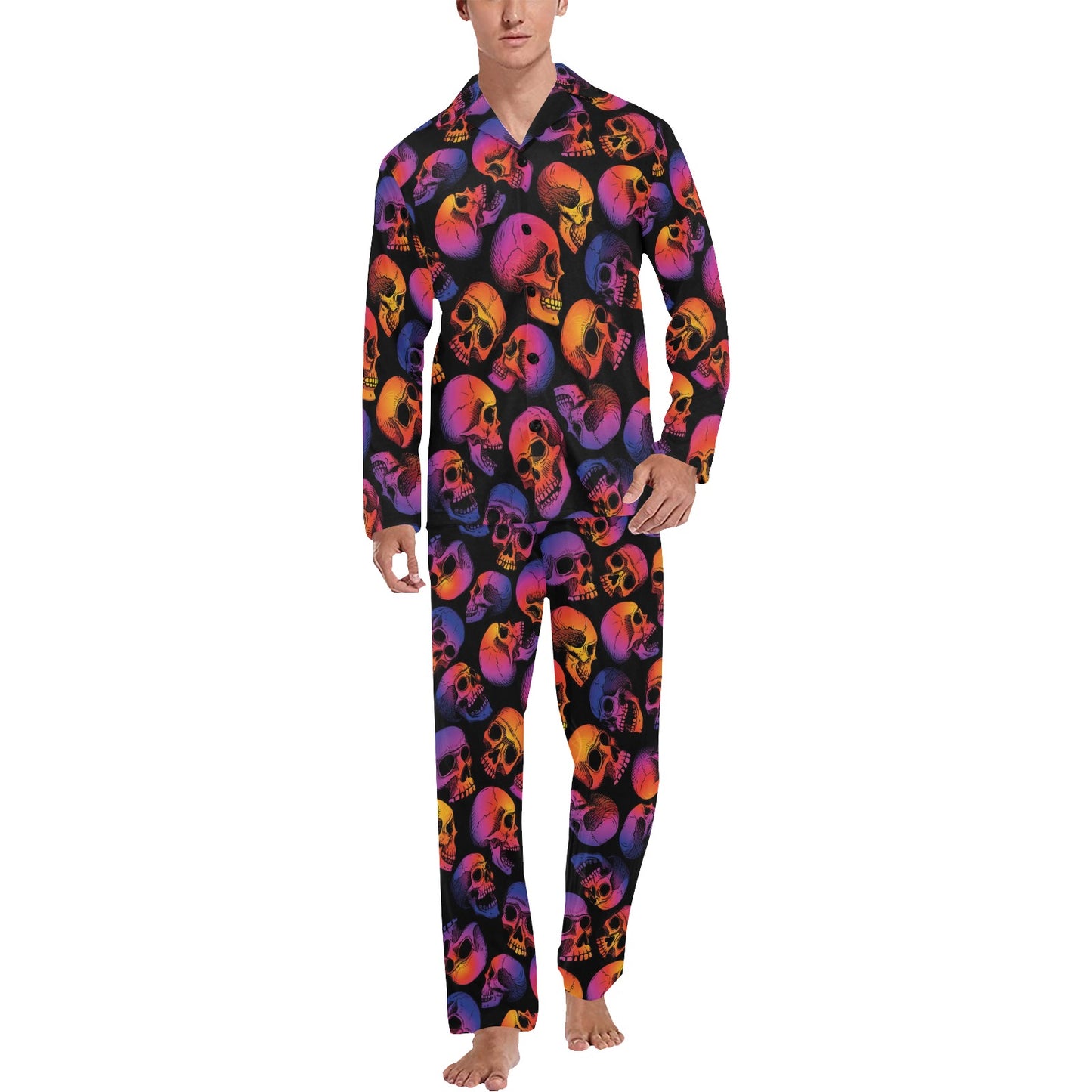 Skull Multicolor Print Design LKS3011 Men's Long Pajama Set