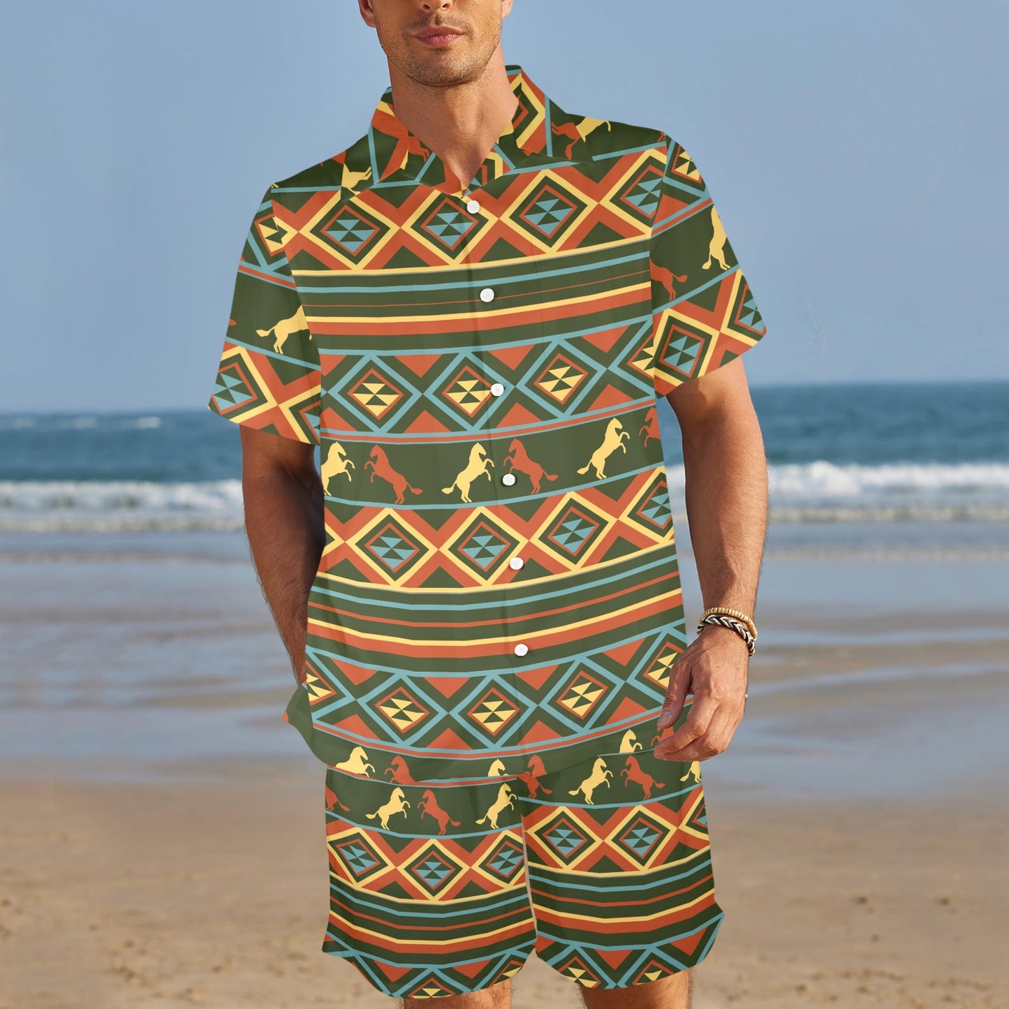 Horse Western Pattern Men's Beach Shirt and Shorts Set