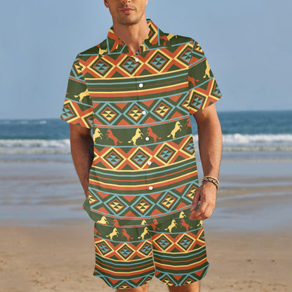 Horse Western Pattern Men's Beach Shirt and Shorts Set