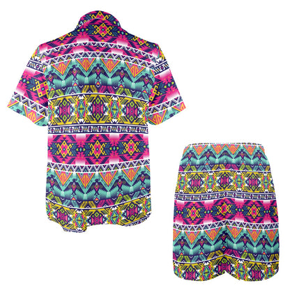 Indian Navajo Color Themed Design Print Men's Beach Shirt and Shorts Set