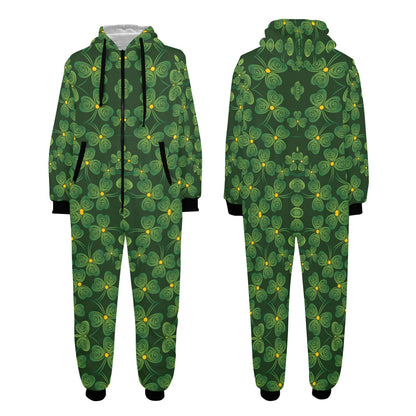 Shamrock Pattern Hooded Fleece Onesie Pajama Jumpsuit