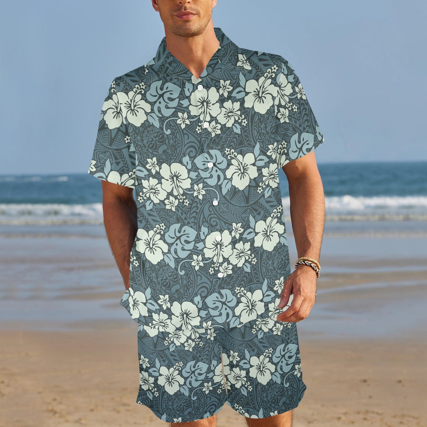 Flower Hawaiian Hibiscus Style Print Pattern Men's Beach Shirt and Shorts Set