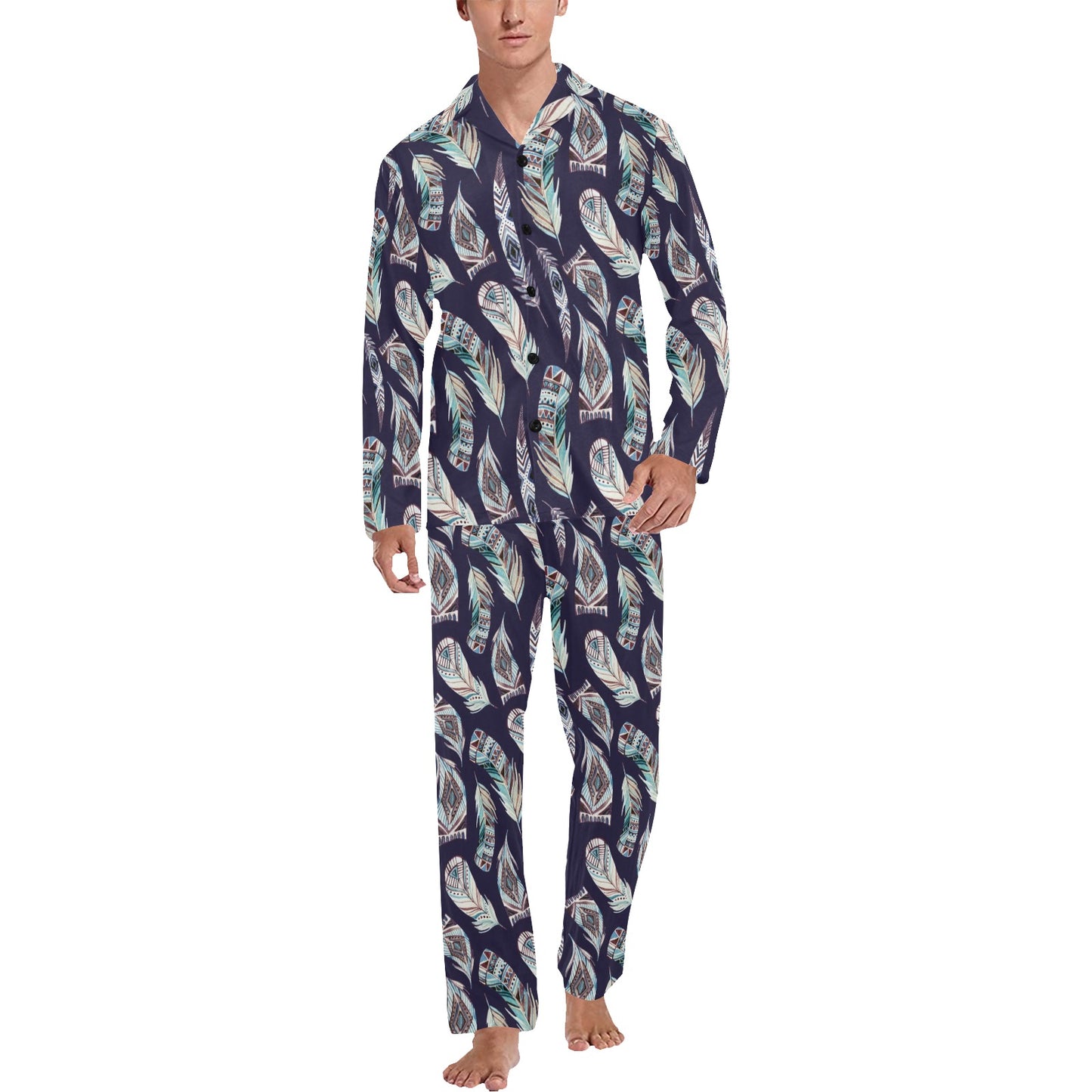 Feather Vintage Boho Design Print Men's Long Pajama Set