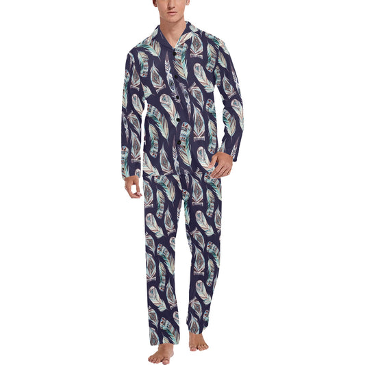 Feather Vintage Boho Design Print Men's Long Pajama Set