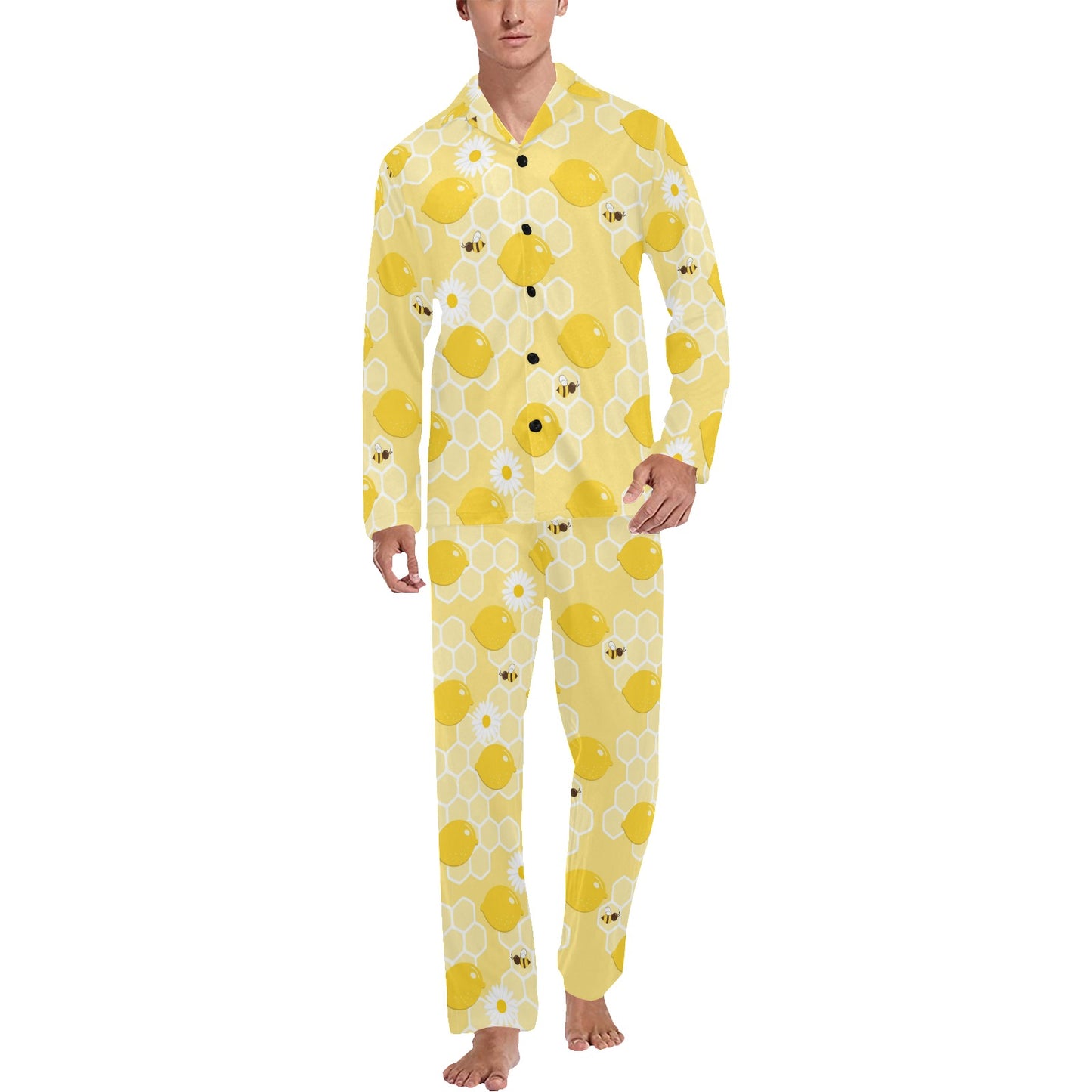 Honey Bee Honeycomb Print Design LKS3010 Men's Long Pajama Set