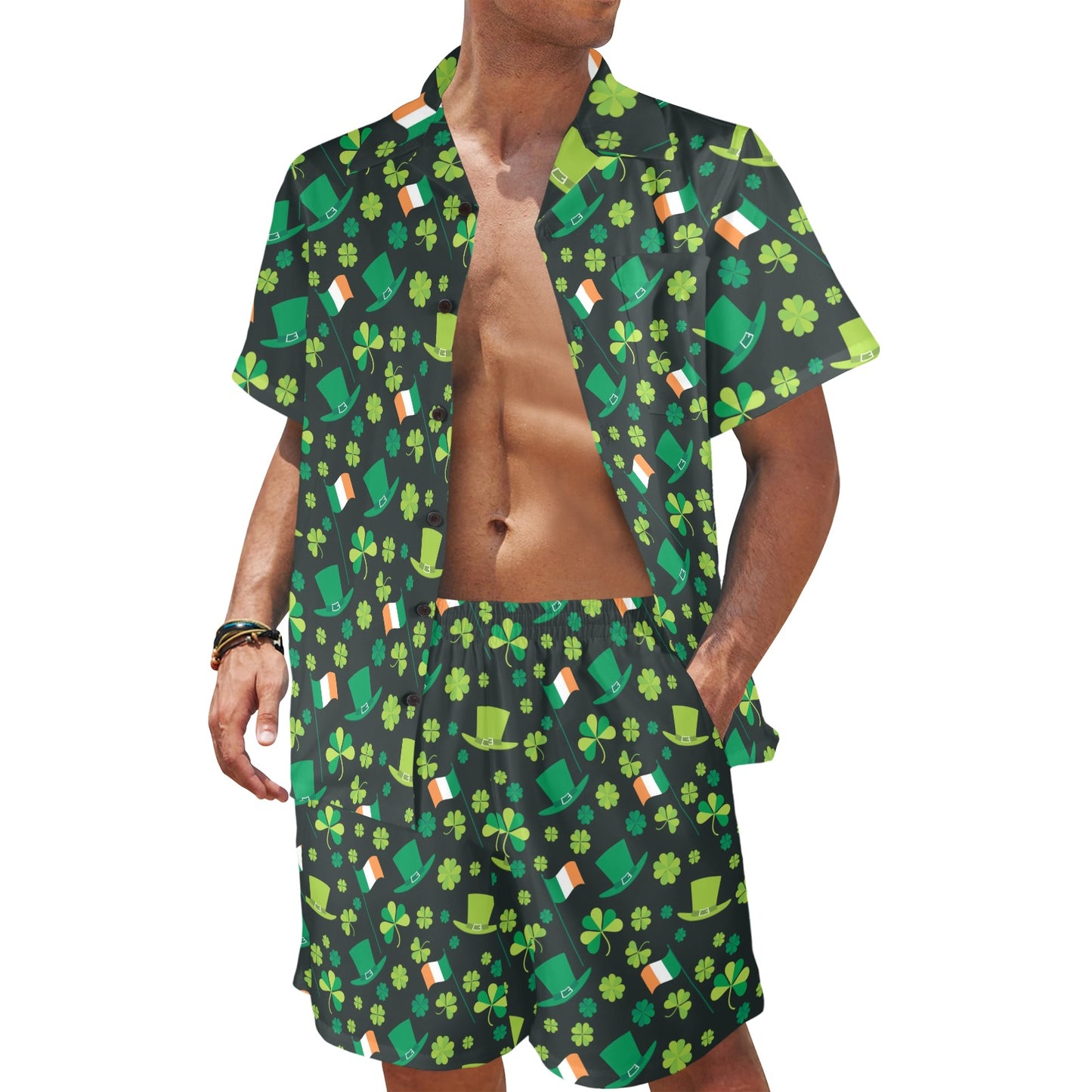 Shamrock Saint Patrick's Day Print Design LKS304 Men's Beach Shirt and Shorts Set