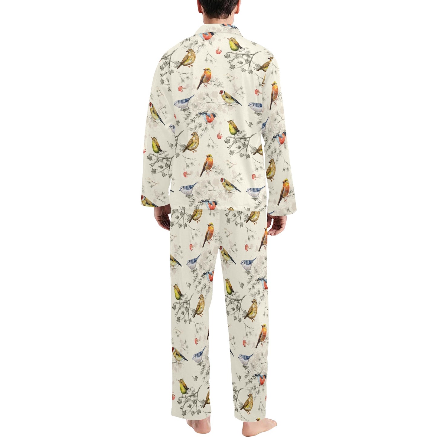 Bird Watercolor Design Pattern Men's Long Pajama Set