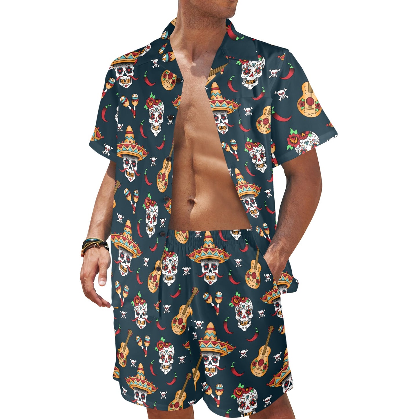 sugar skull Mexican Men's Beach Shirt and Shorts Set