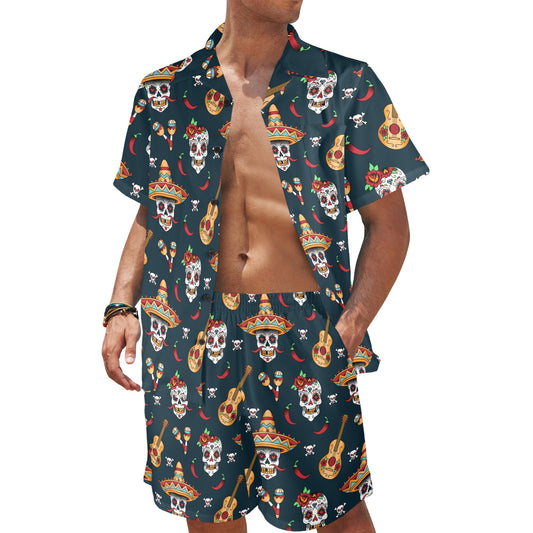 sugar skull Mexican Men's Beach Shirt and Shorts Set