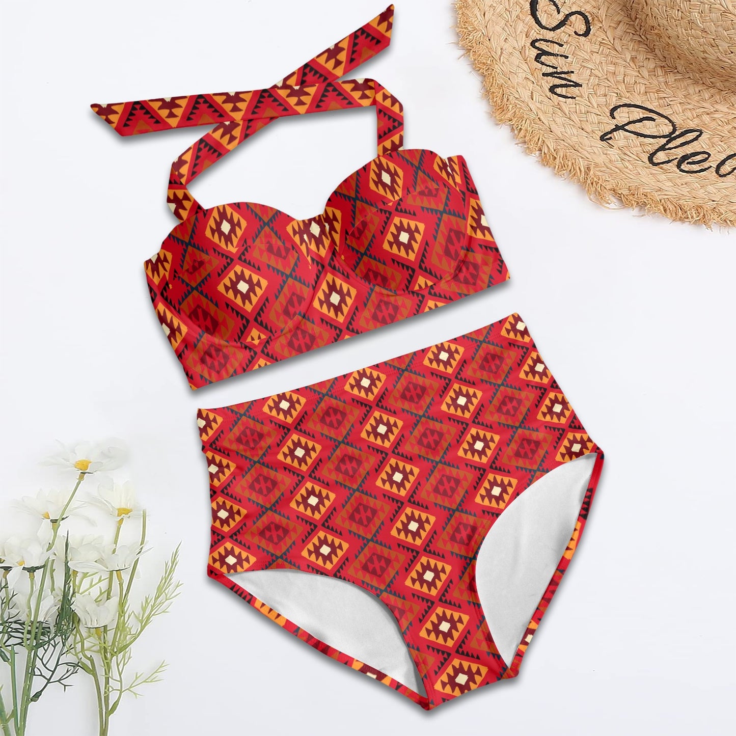 Aztec Pattern Print Design 06 Halter Neck Bikini Swimsuit