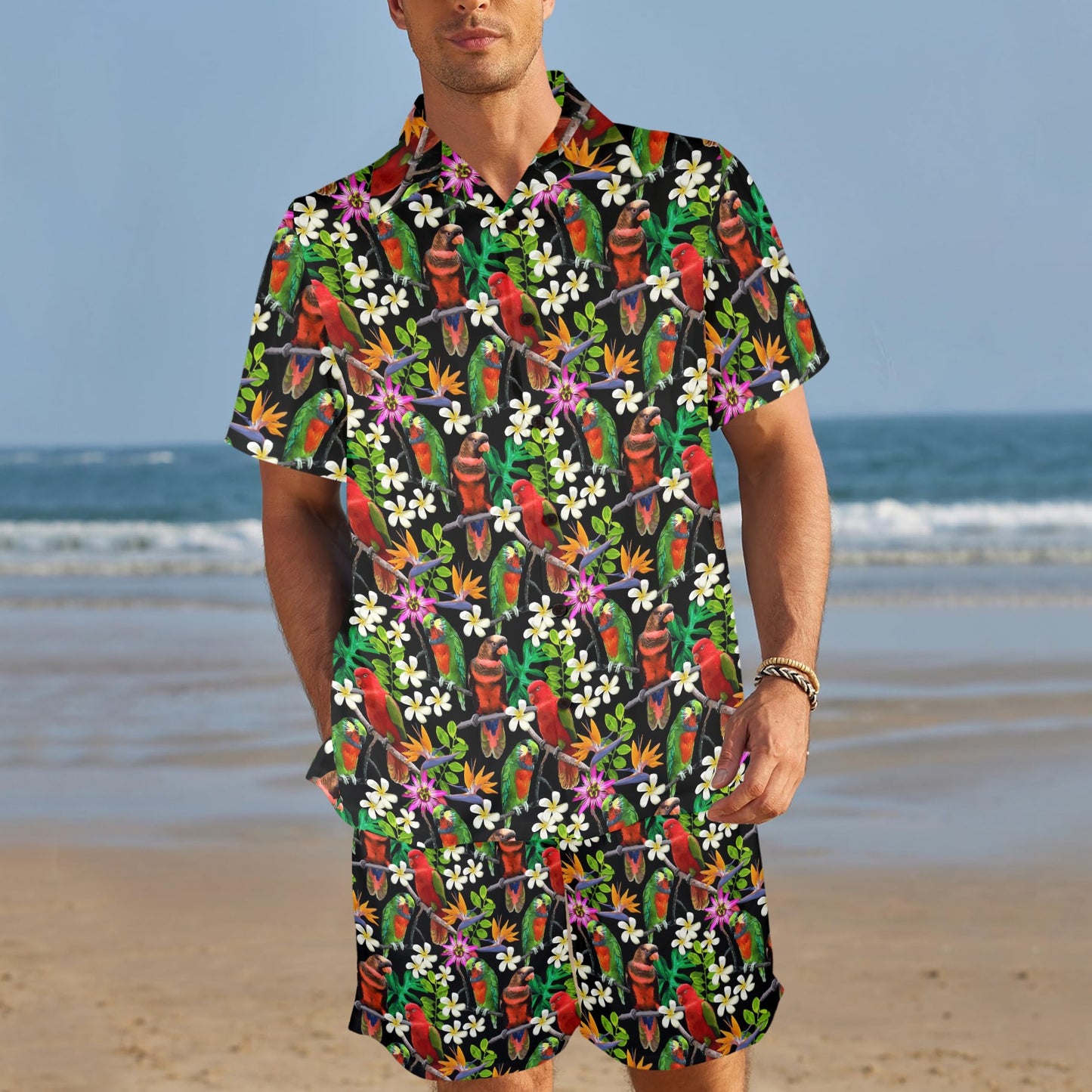Parrot Design Print Men's Beach Shirt and Shorts Set