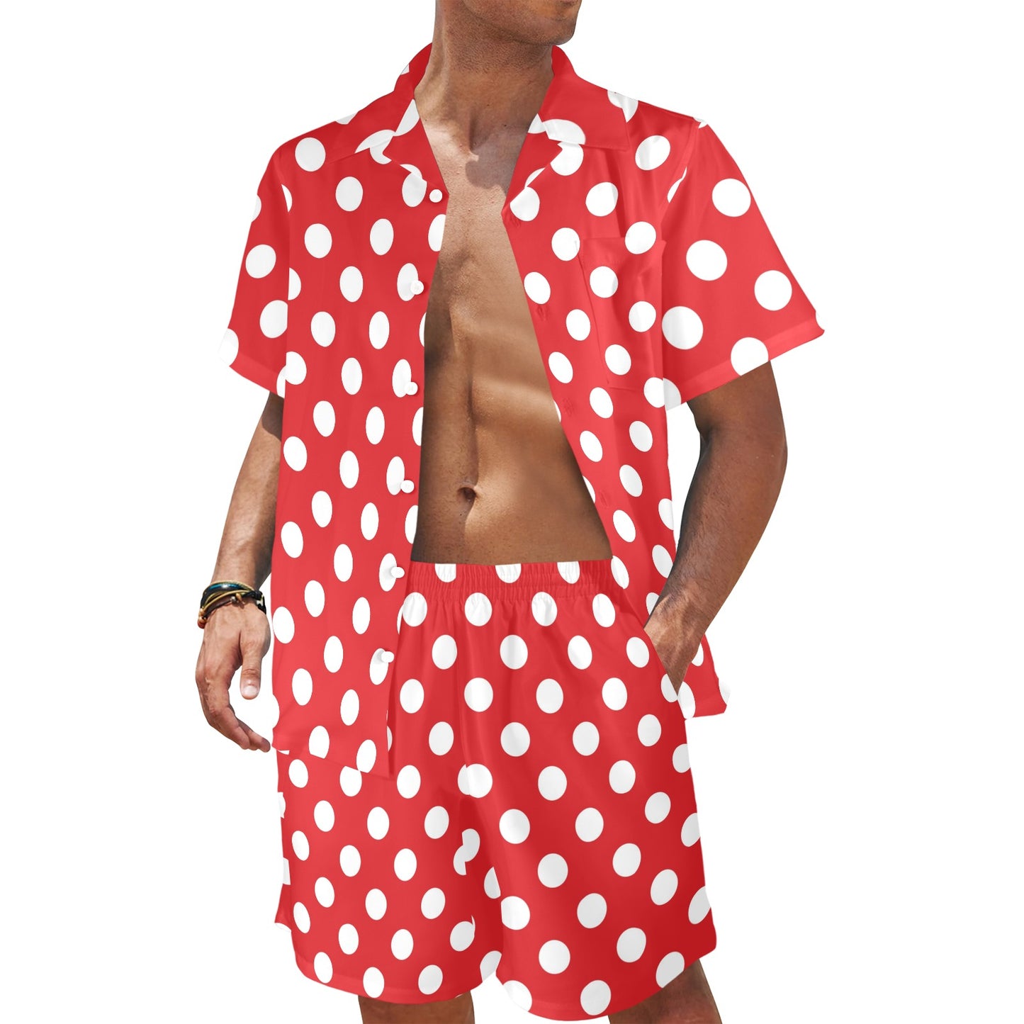Polka Dot Red Pattern Print Design 04 Men's Beach Shirt and Shorts Set