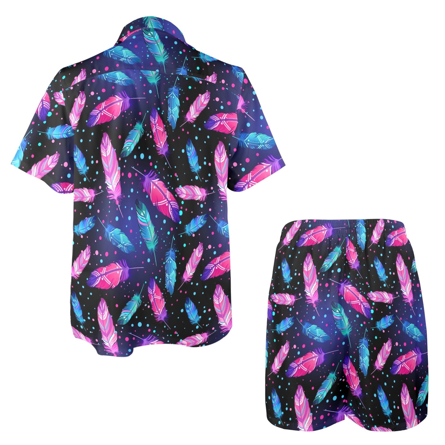 Feather Colorful Boho Design Print Men's Beach Shirt and Shorts Set