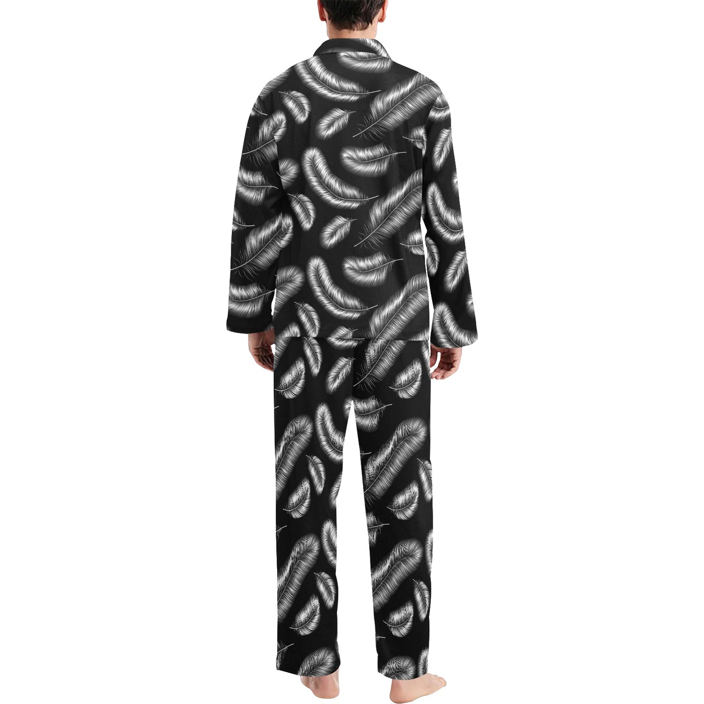 Feather Black White Design Print Men's Long Pajama Set