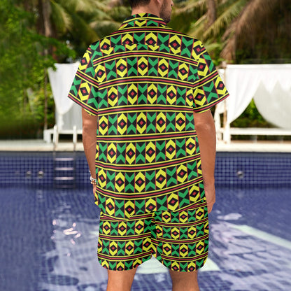African Geometric Print Pattern Men's Beach Shirt and Shorts Set