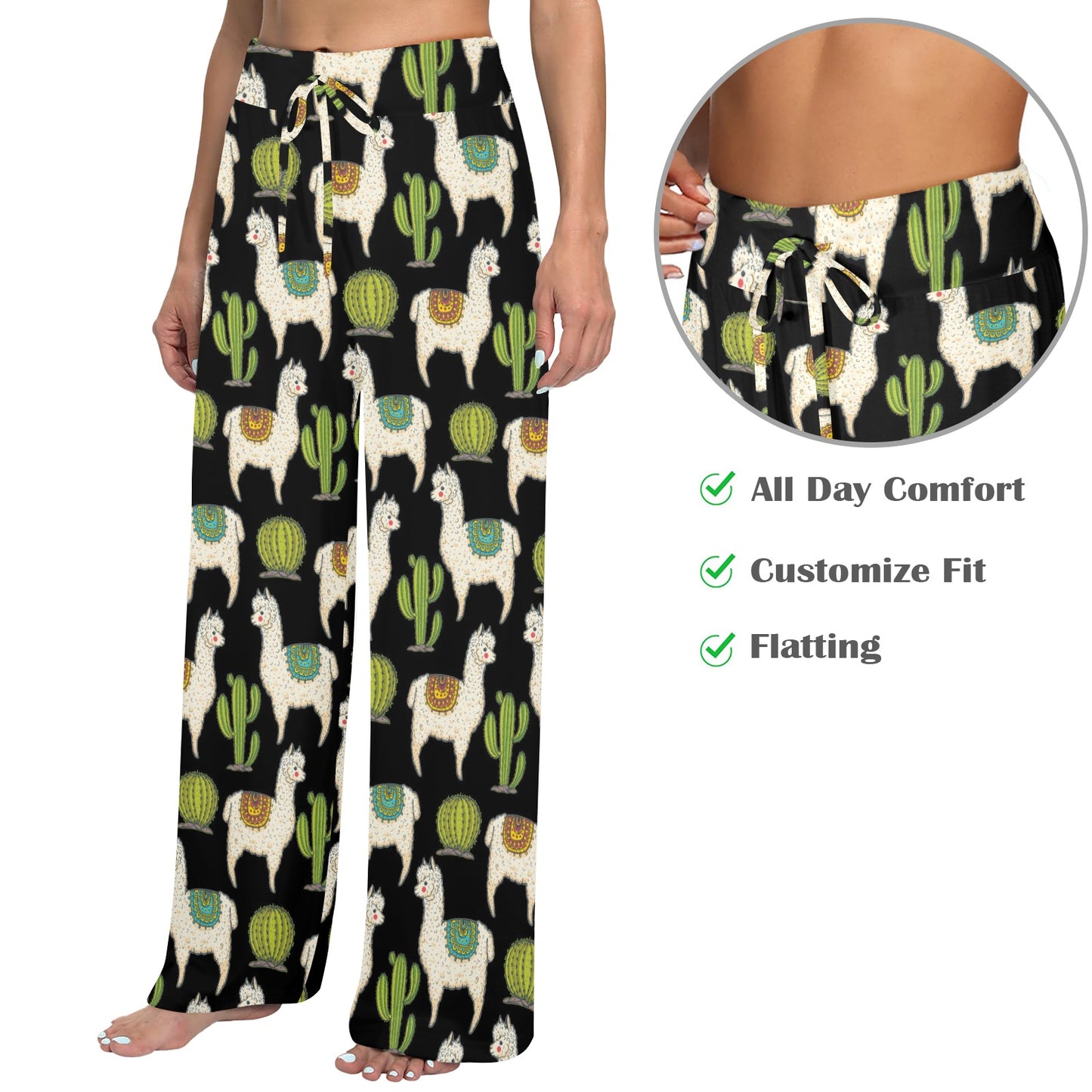 Alpaca Cactus Pattern Print Design 07 Women's Wide Leg Lounge Pants