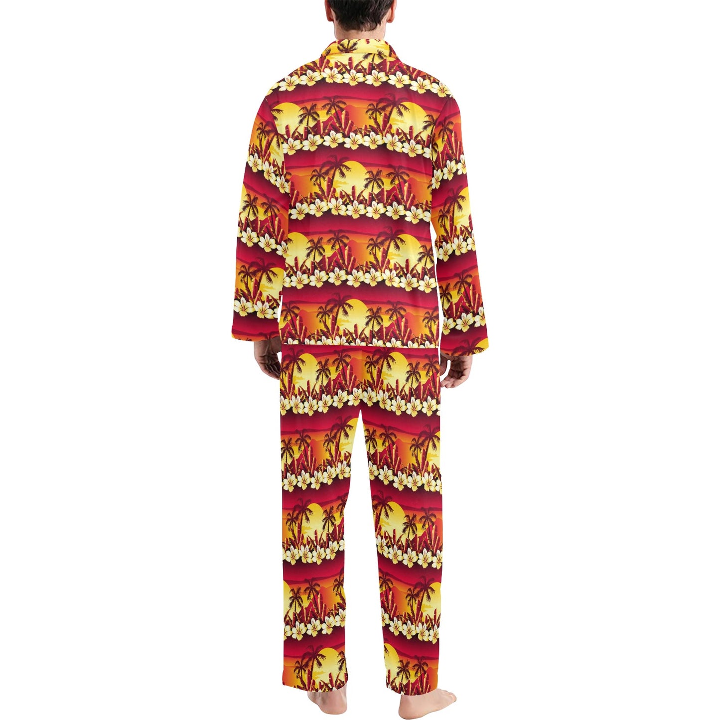 Hawaiian Tropical Sunset Hibiscus Print Men's Long Pajama Set