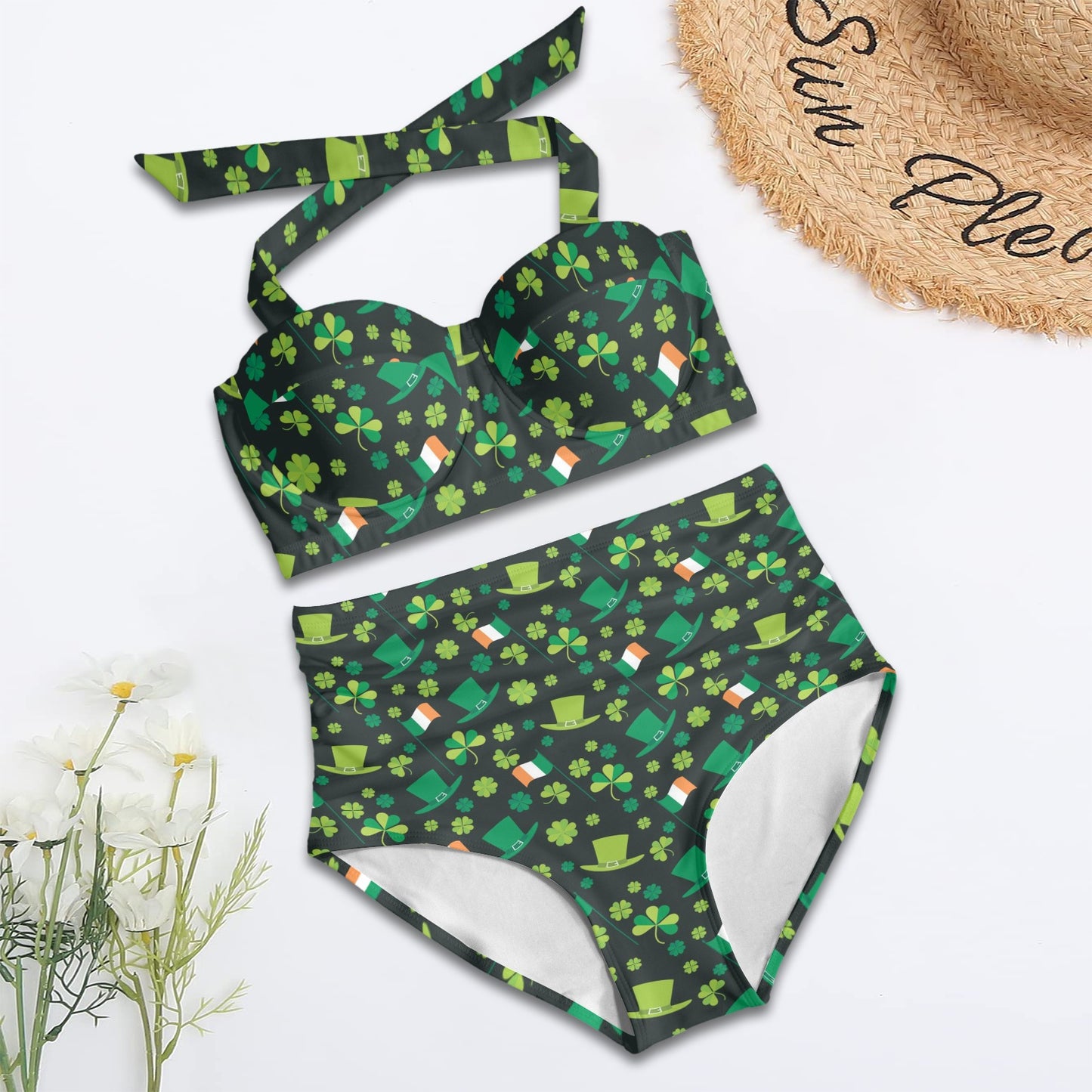 Shamrock Saint Patrick's Day Print Design LKS304 Halter Neck Bikini Swimsuit