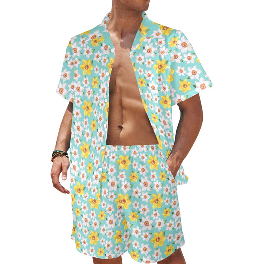 Daffodils Pattern Print Design 02 Men's Beach Shirt and Shorts Set