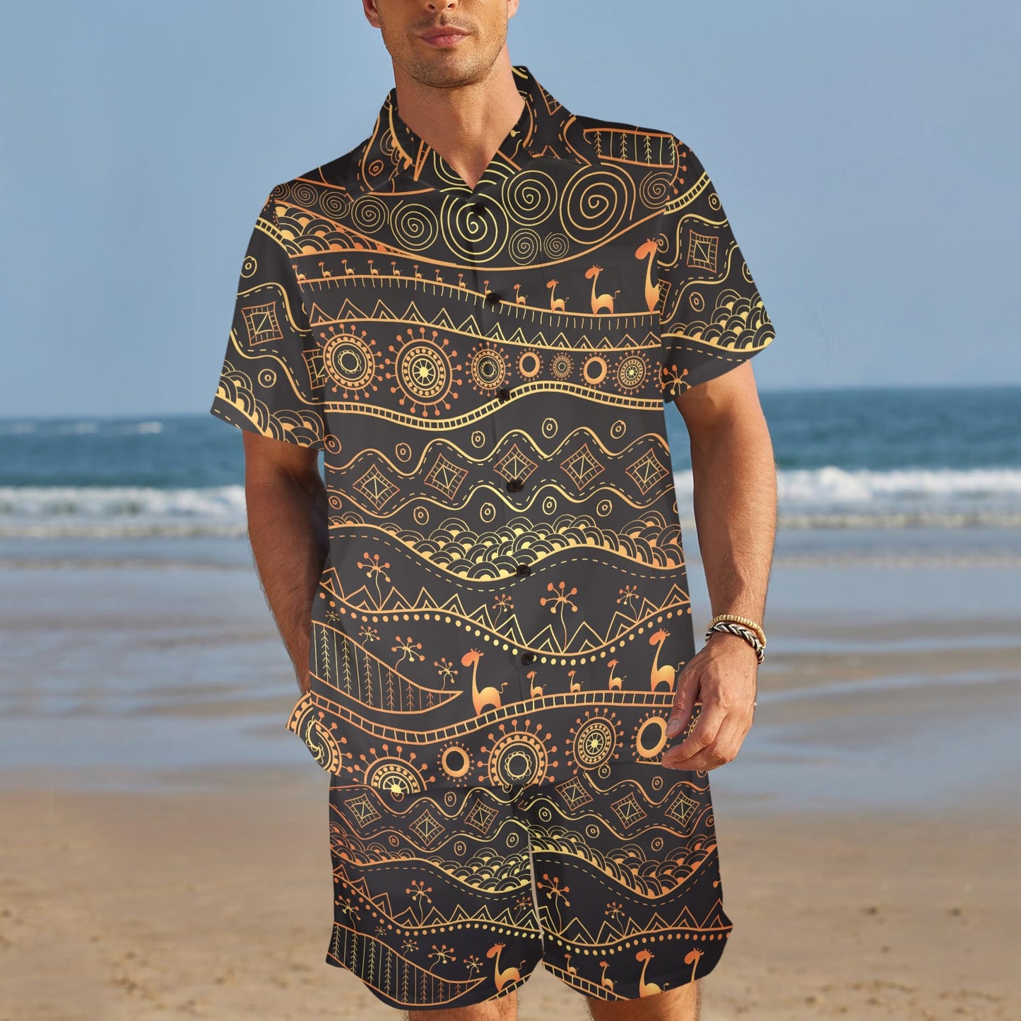 Gold African Design Men's Beach Shirt and Shorts Set
