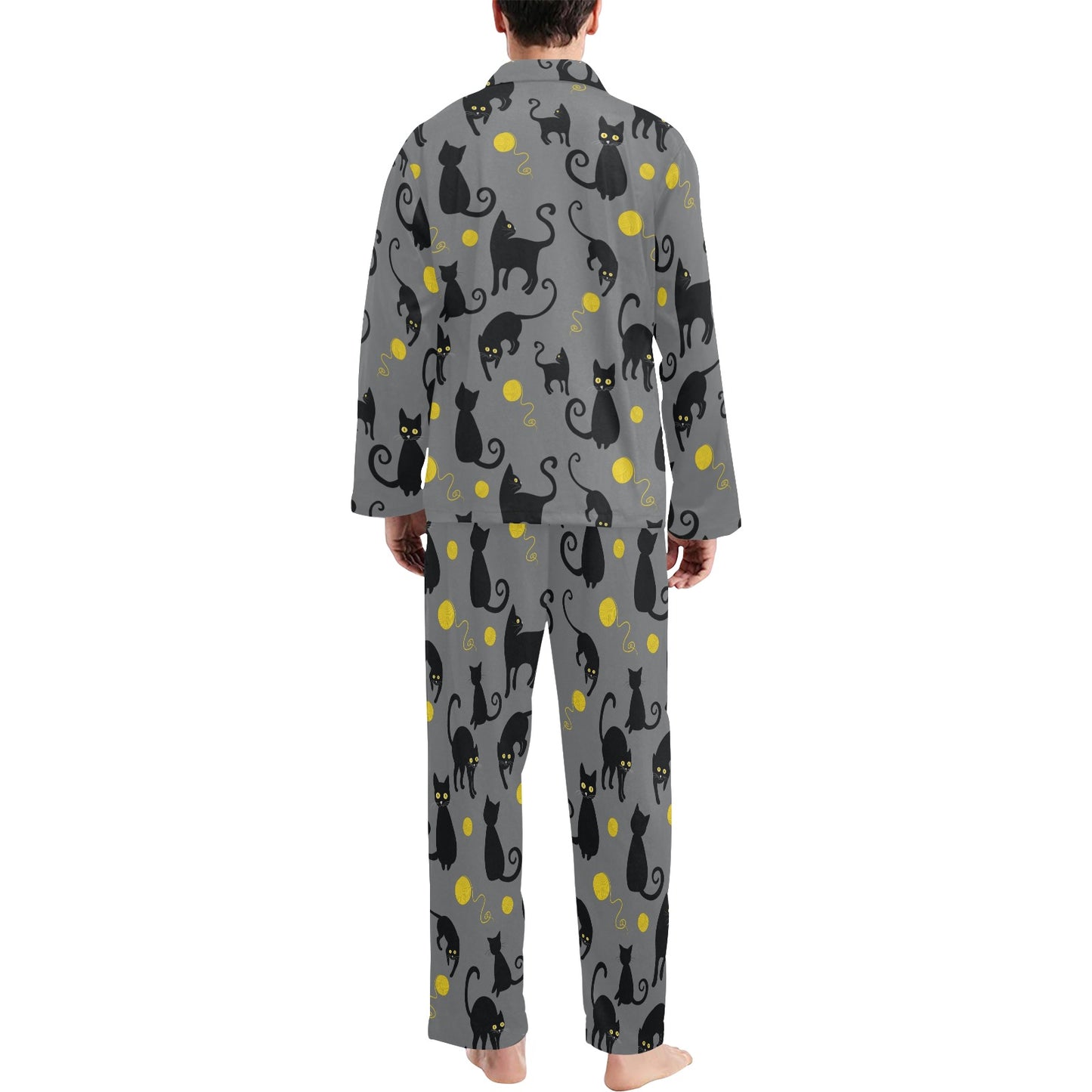 Black Cat Yellow Yarn Print Pattern Men's Long Pajama Set