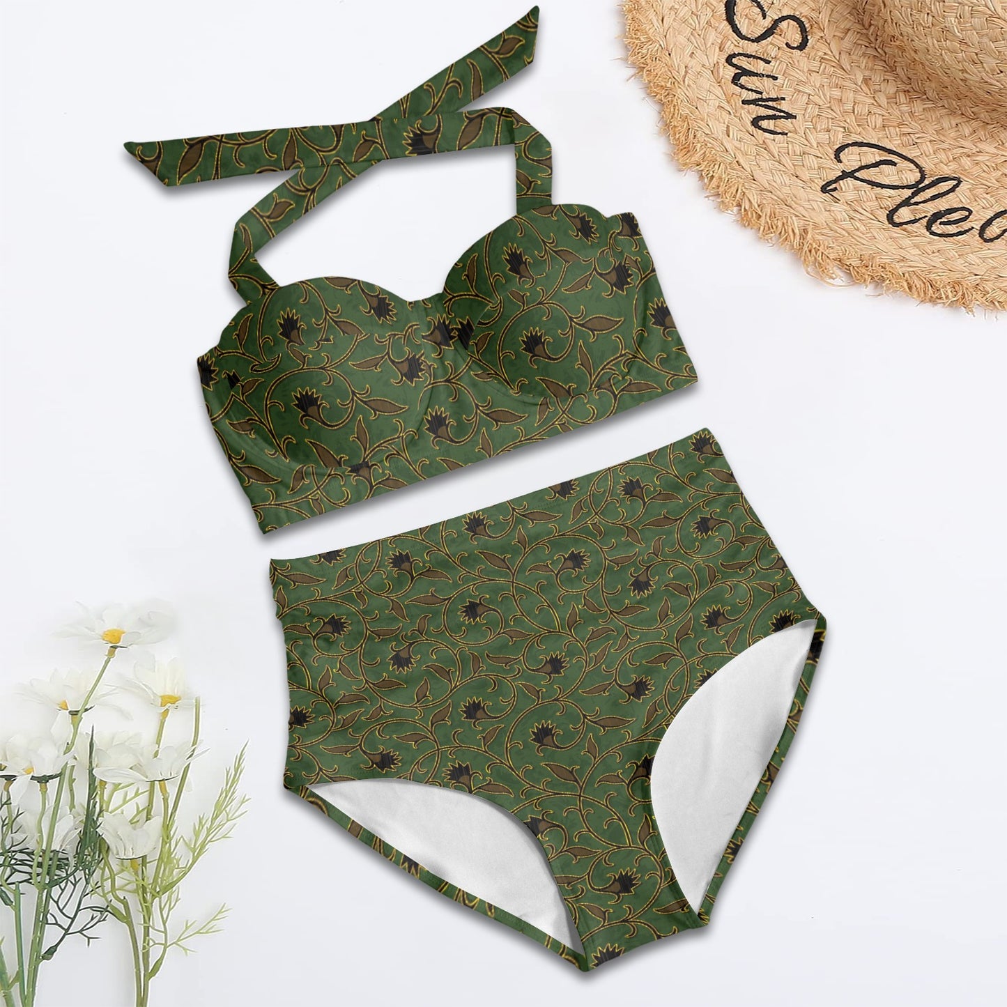 Brocade Pattern Print Design 02 Halter Neck Bikini Swimsuit