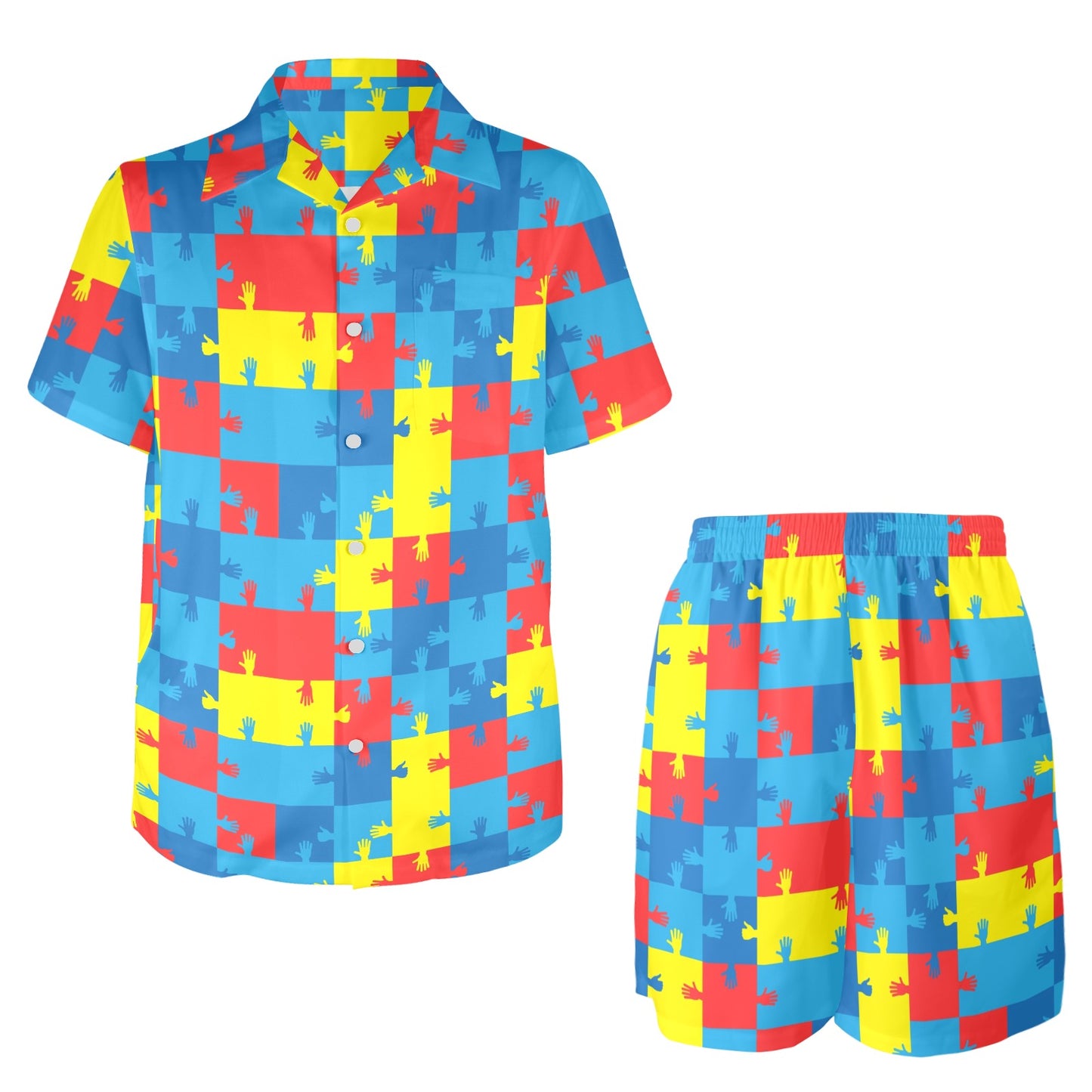 Autism Awareness Design Themed Print Men's Beach Shirt and Shorts Set
