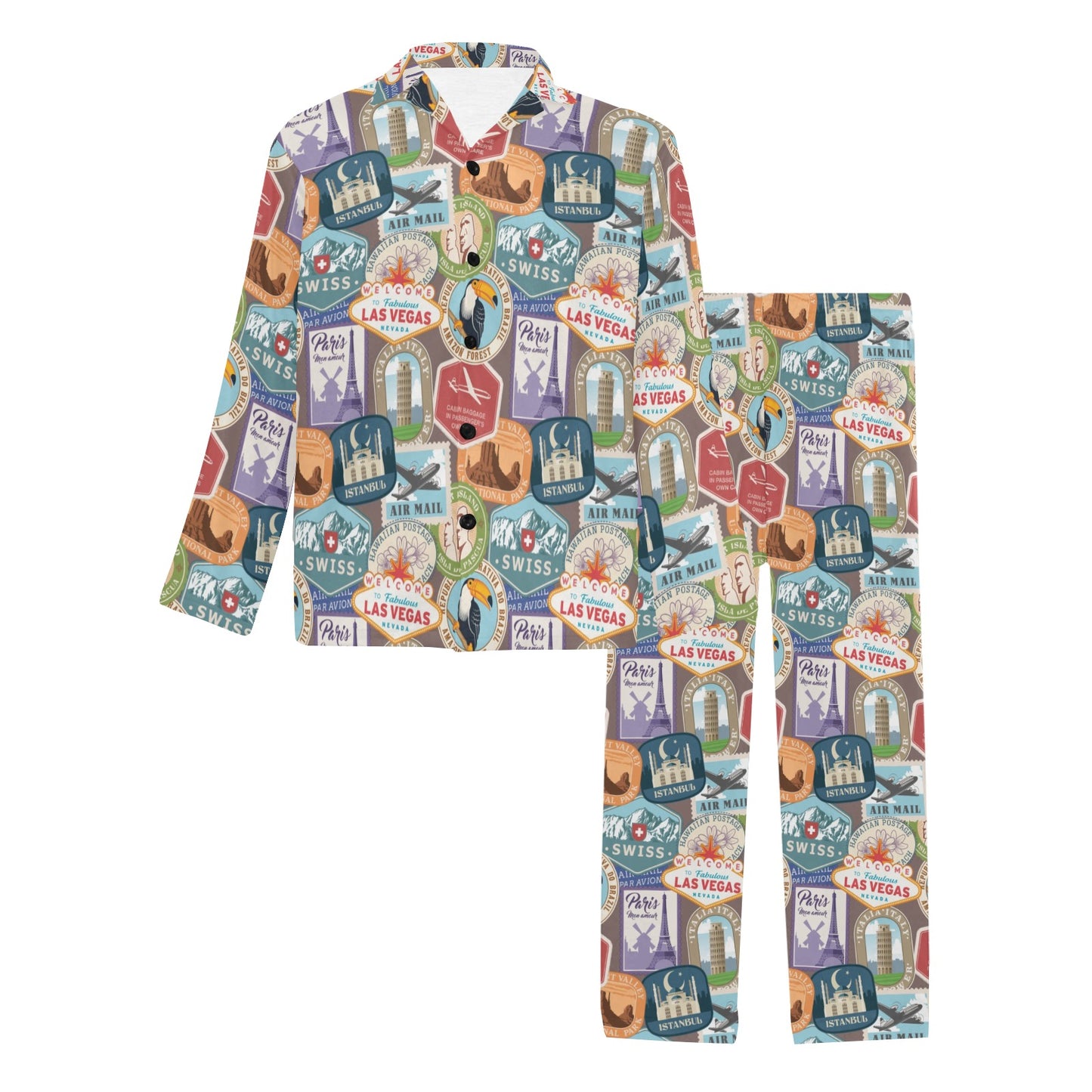 Travel Stamp Print Design LKS301 Men's Long Pajama Set