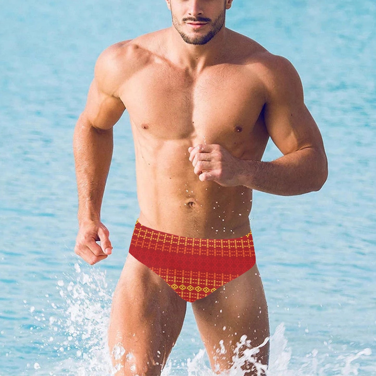 Southwest Red Gold Design Themed Print Men's Swimming Briefs