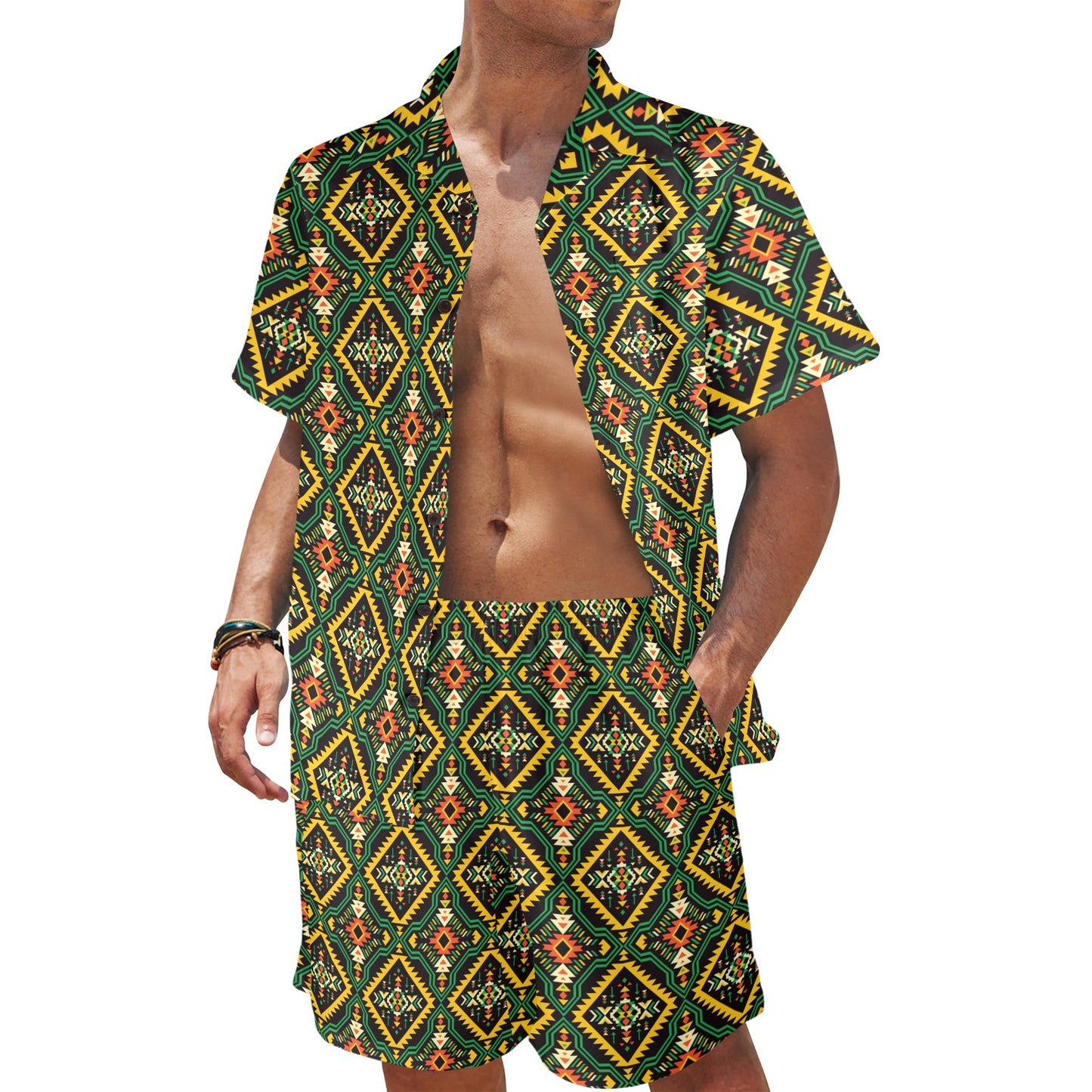 Kente Green Design African Print Men's Beach Shirt and Shorts Set