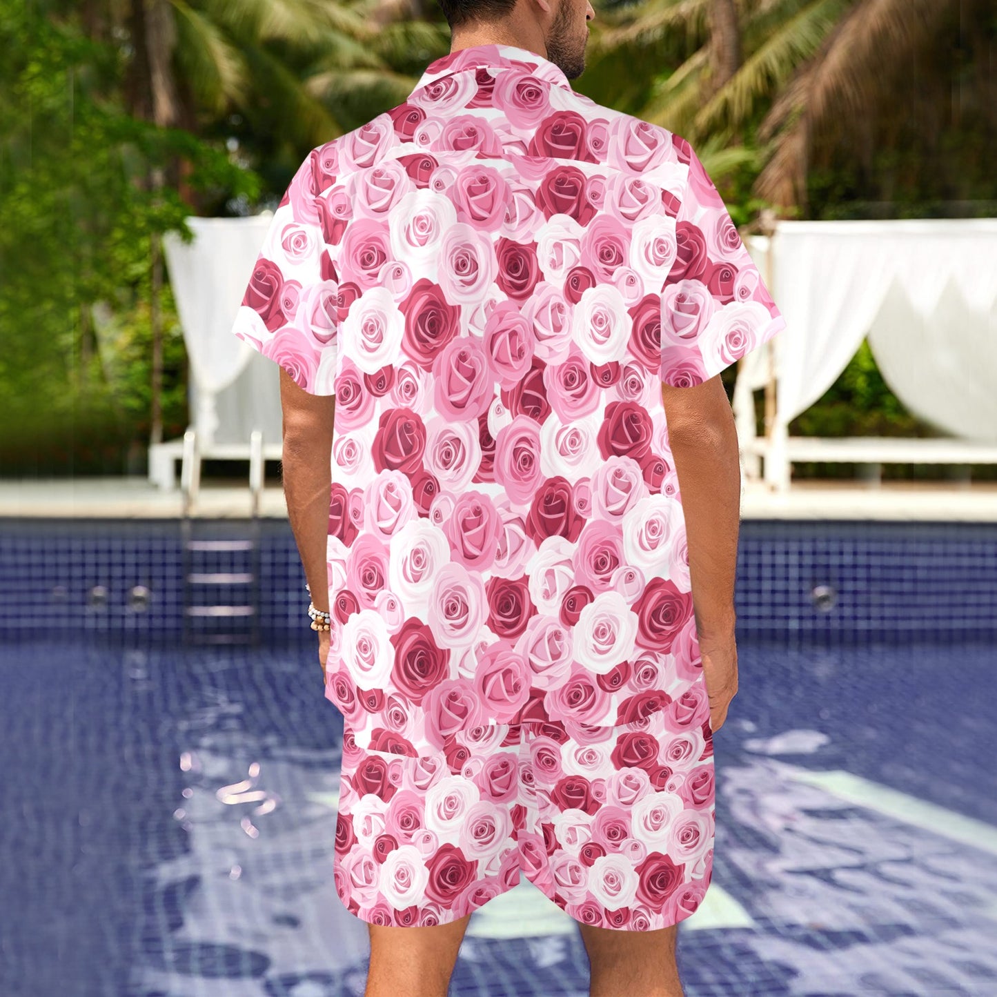 Pink Red Rose Pattern Print Men's Beach Shirt and Shorts Set