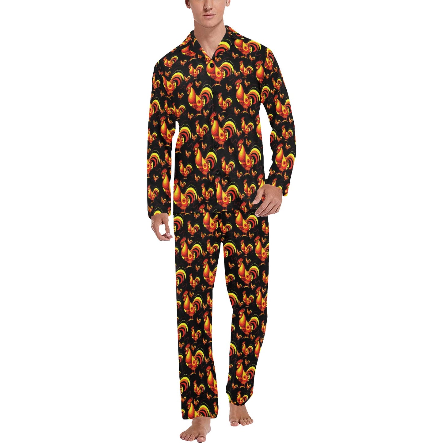 Rooster Print Themed Men's Long Pajama Set