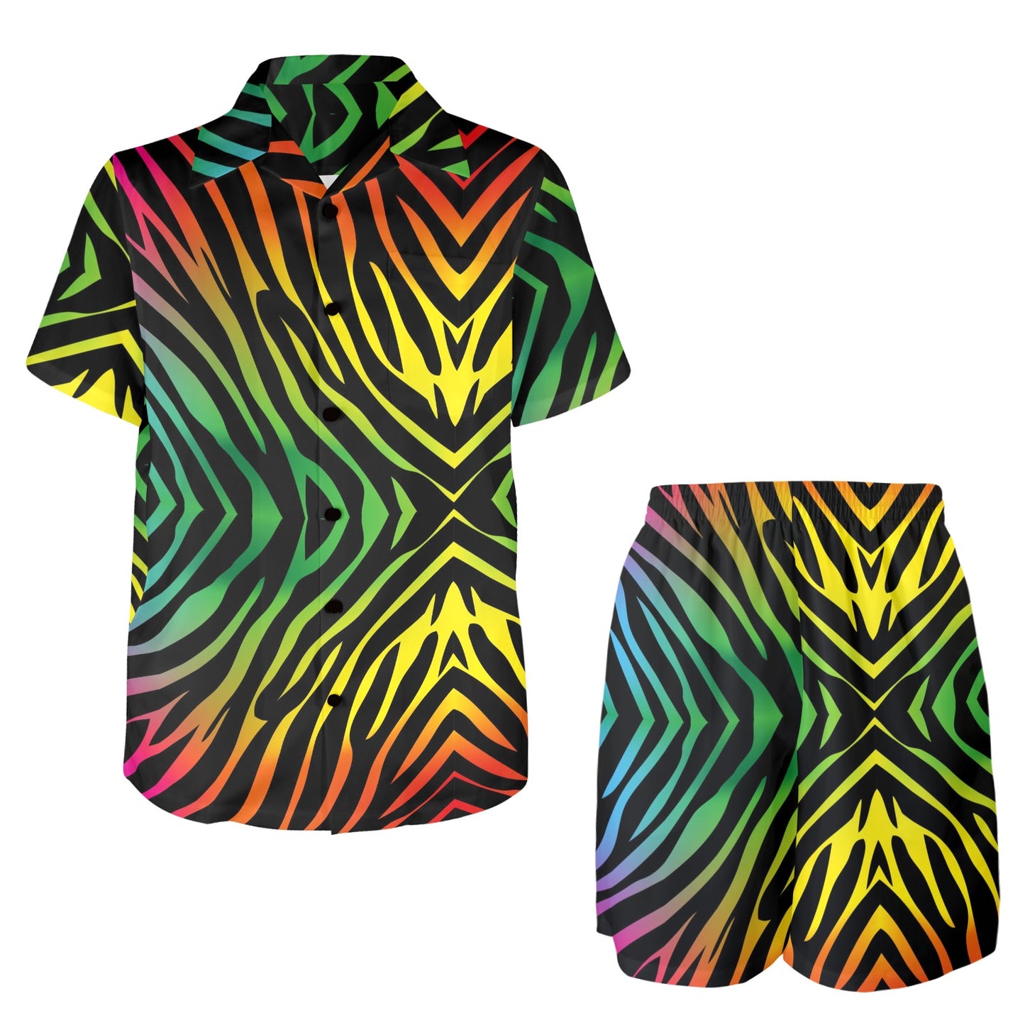 Rainbow Zebra Themed Print Men's Beach Shirt and Shorts Set