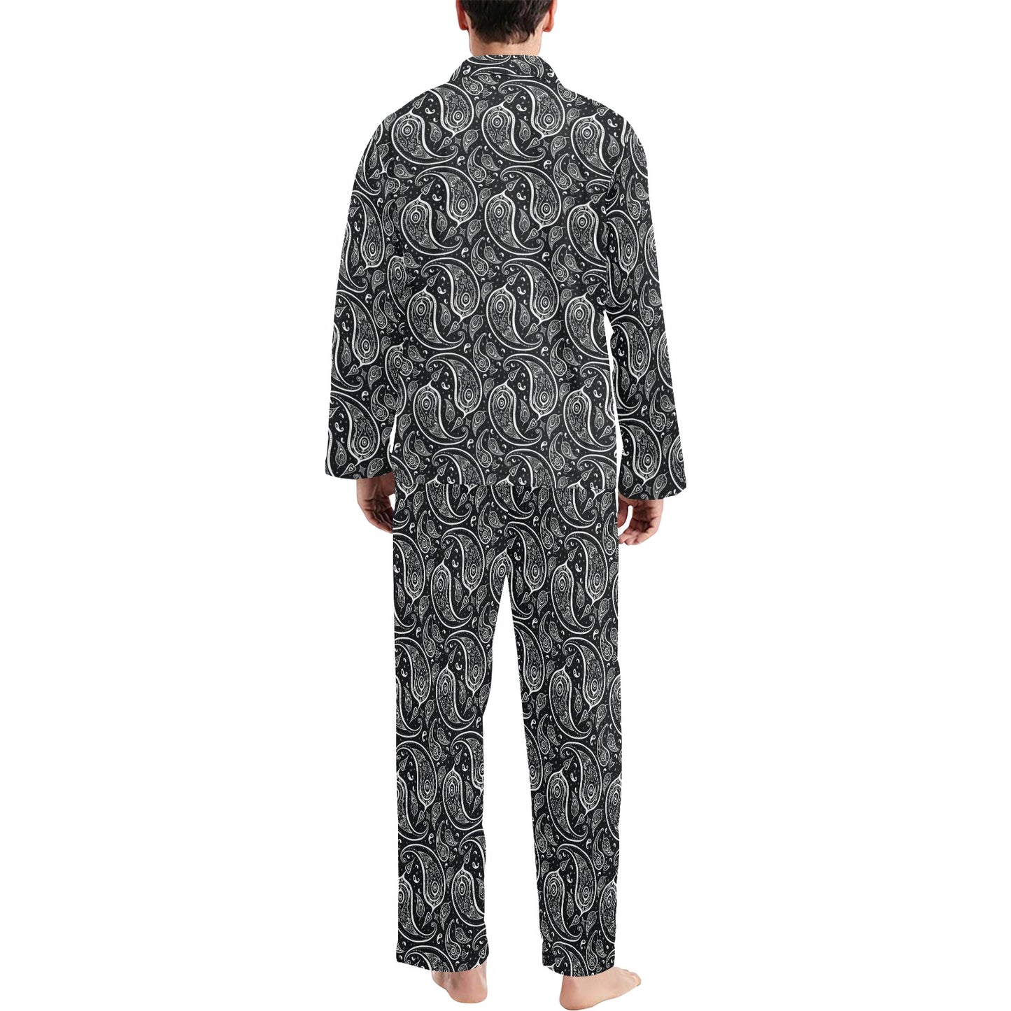 Paisley Black Design Print Men's Long Pajama Set