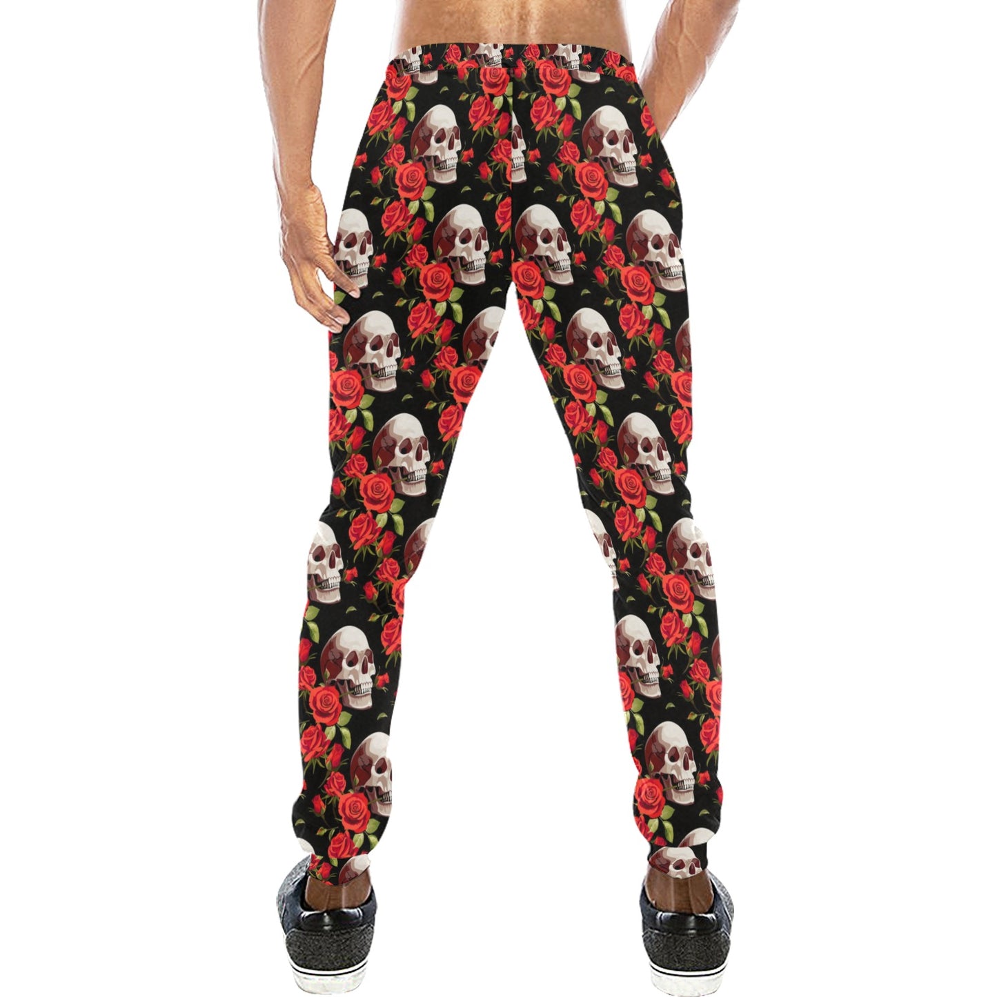 Red Rose Skull Design Print Men's Sweatpants