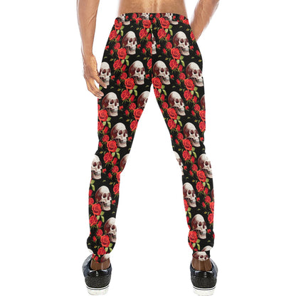 Red Rose Skull Design Print Men's Sweatpants