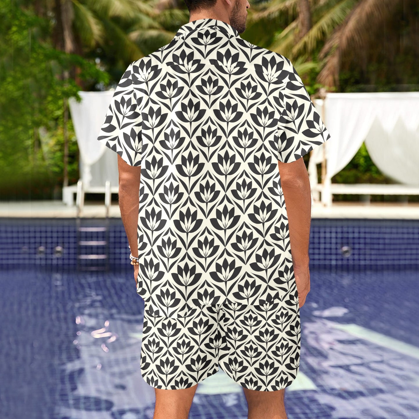 Lotus Pattern Print Men's Beach Shirt and Shorts Set