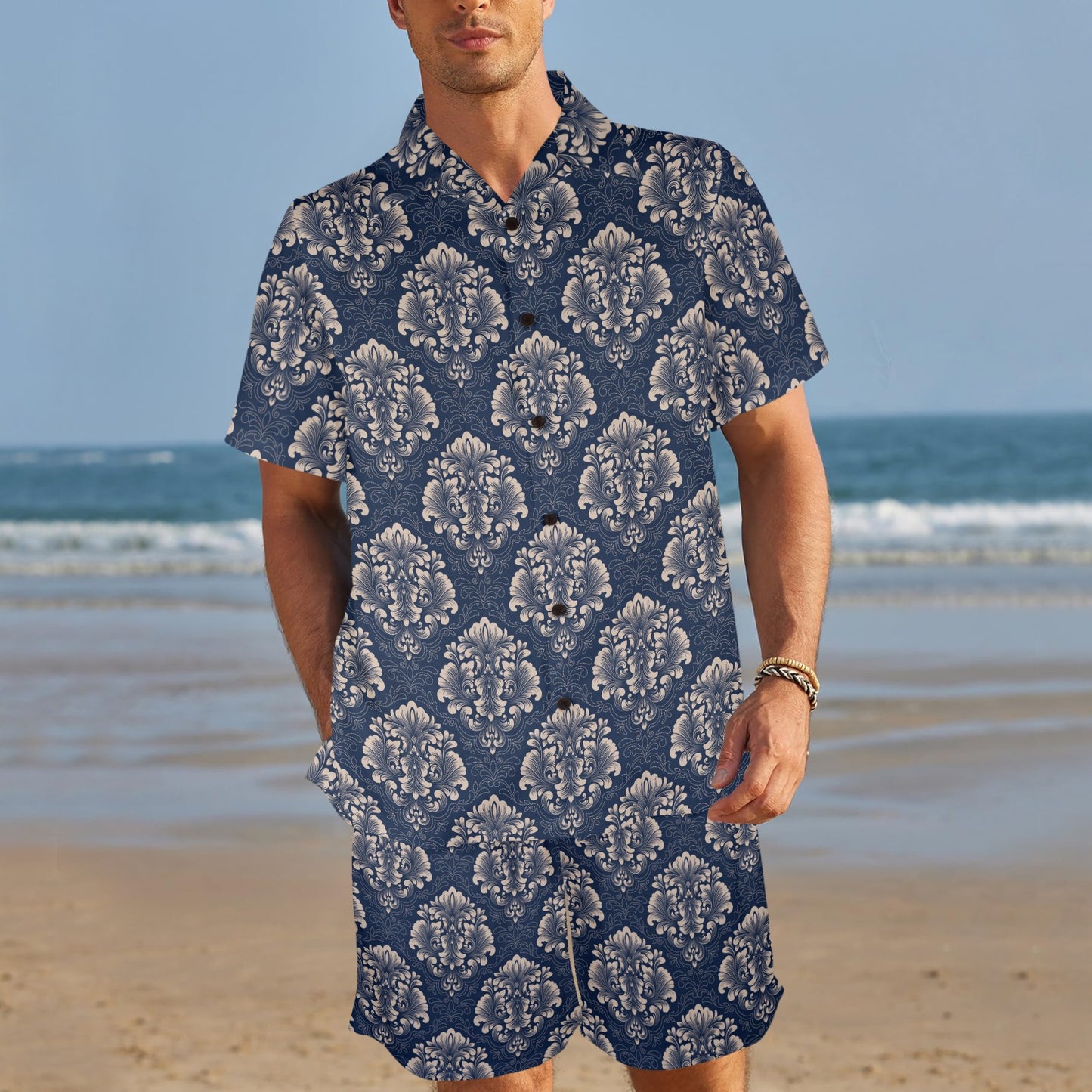 Damask Blue Luxury Print Pattern Men's Beach Shirt and Shorts Set