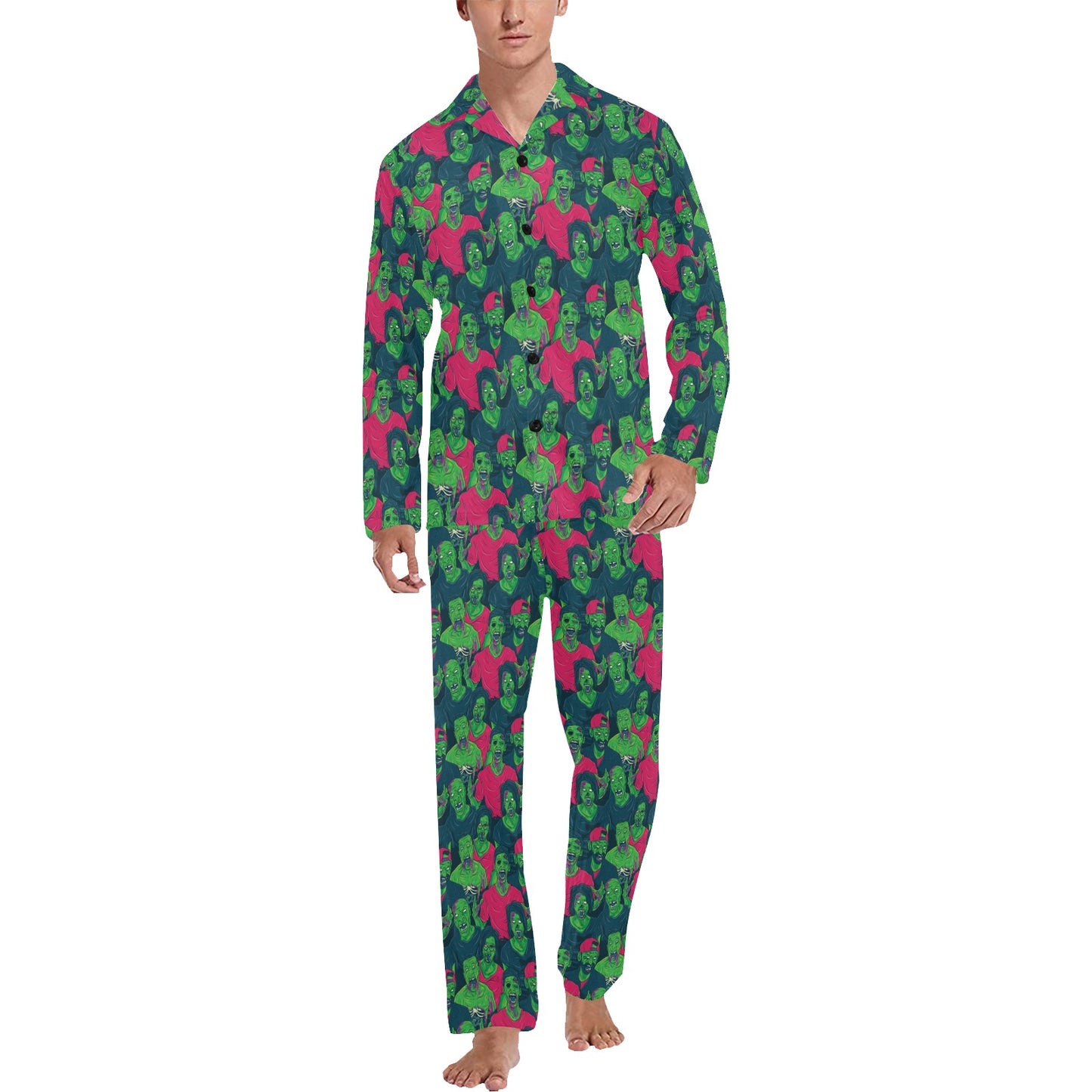 Zombie Themed Design Pattern Print Men's Long Pajama Set
