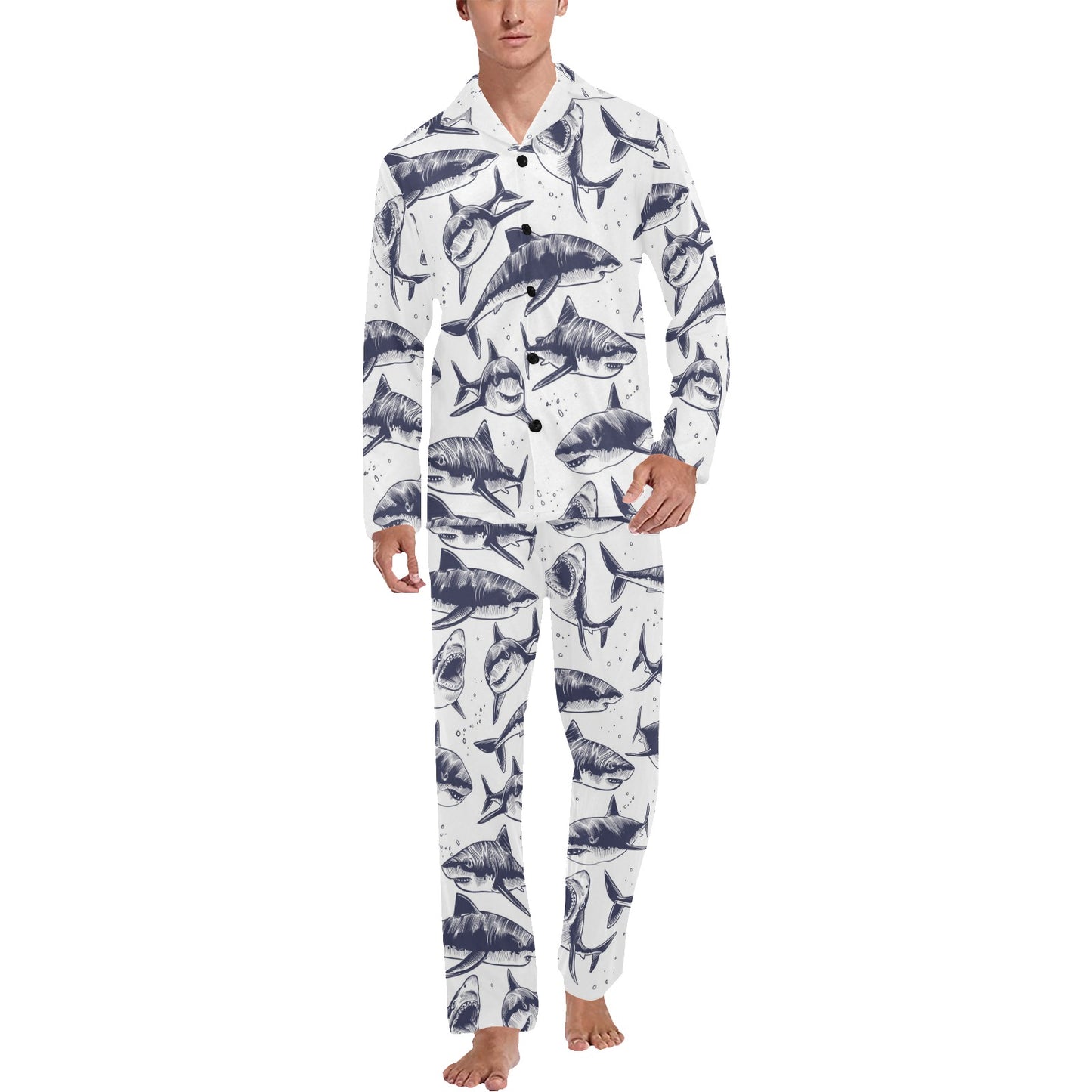 Great White Shark Pattern Print Design 02 Men's Long Pajama Set