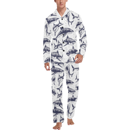 Great White Shark Pattern Print Design 02 Men's Long Pajama Set