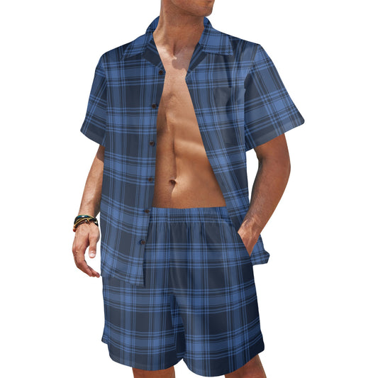 Tartan Blue Print Design LKS304 Men's Beach Shirt and Shorts Set
