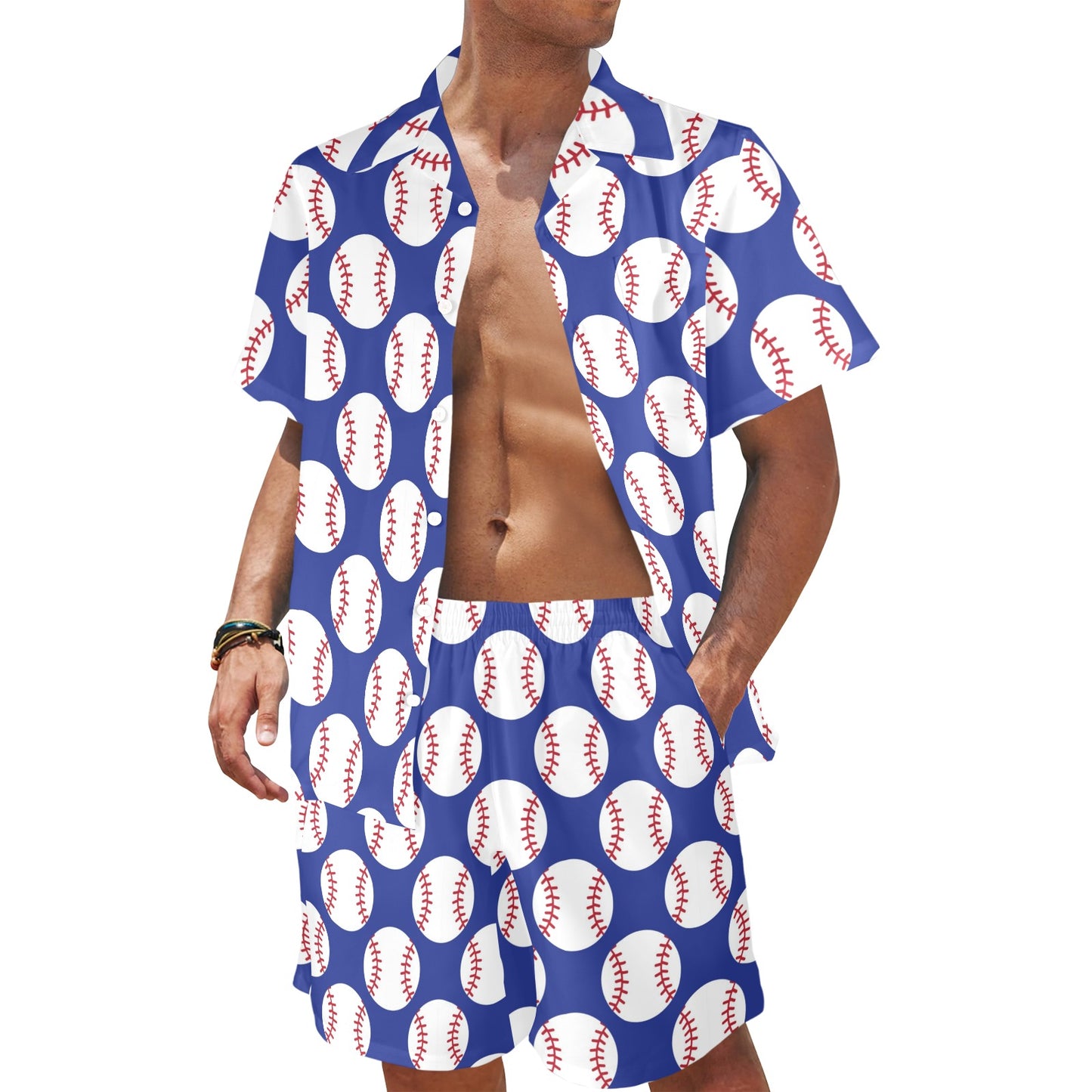 Baseball Blue Background Men's Beach Shirt and Shorts Set