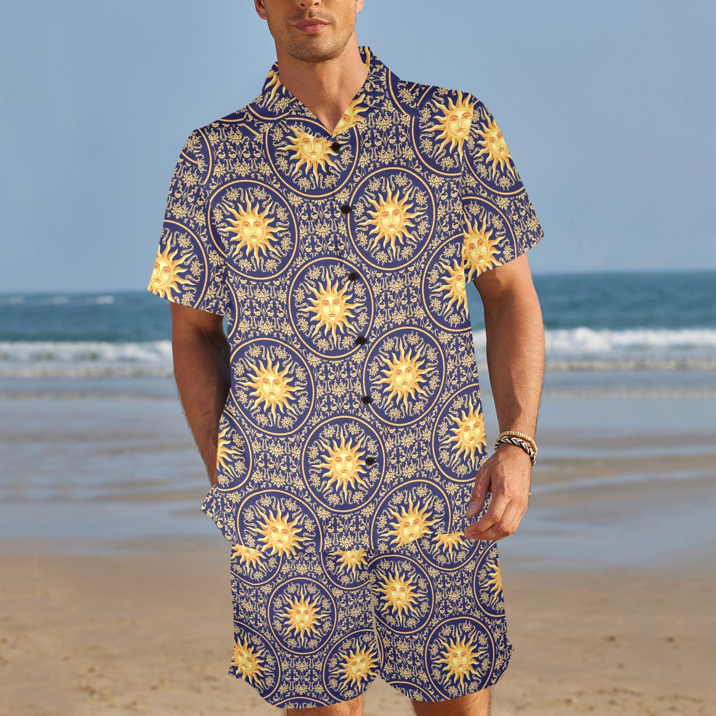 Celestial Gold Sun Face Men's Beach Shirt and Shorts Set