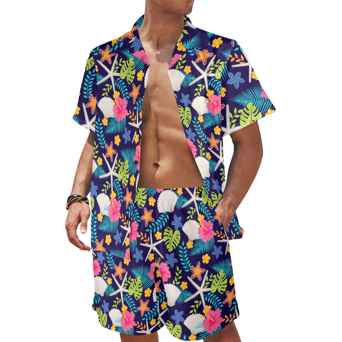 Beach Seashell Floral Theme Men's Beach Shirt and Shorts Set