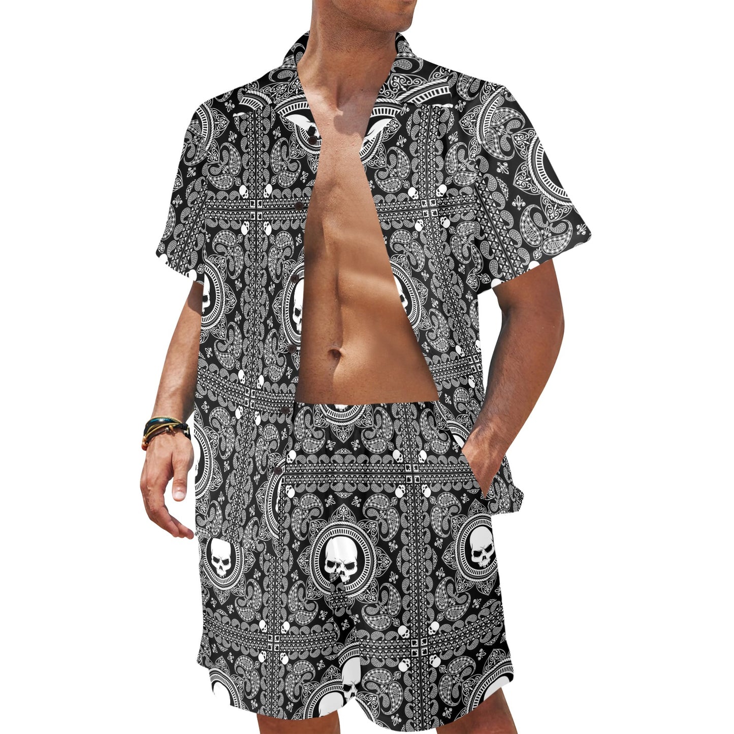 Bandana Skull Print Design LKS303 Men's Beach Shirt and Shorts Set