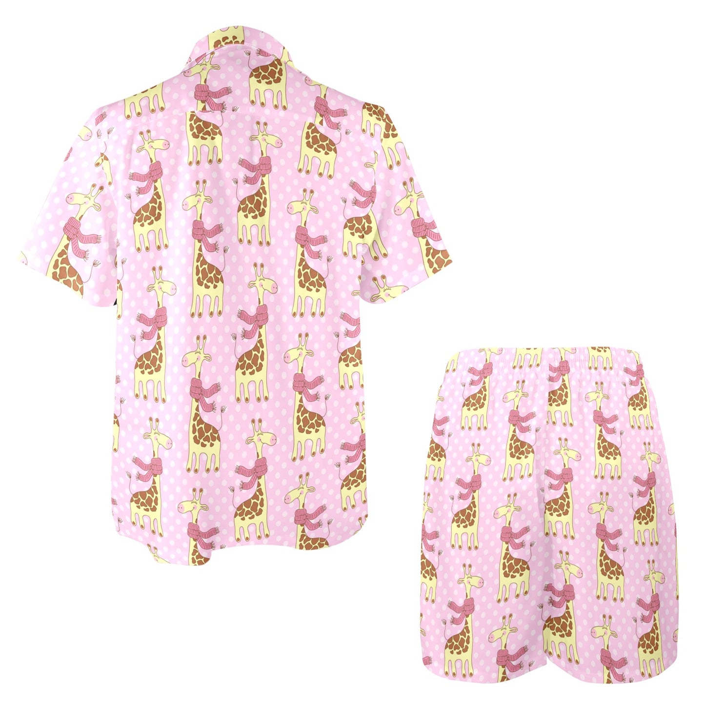 Giraffe Cute Pink Polka Dot Print Men's Beach Shirt and Shorts Set