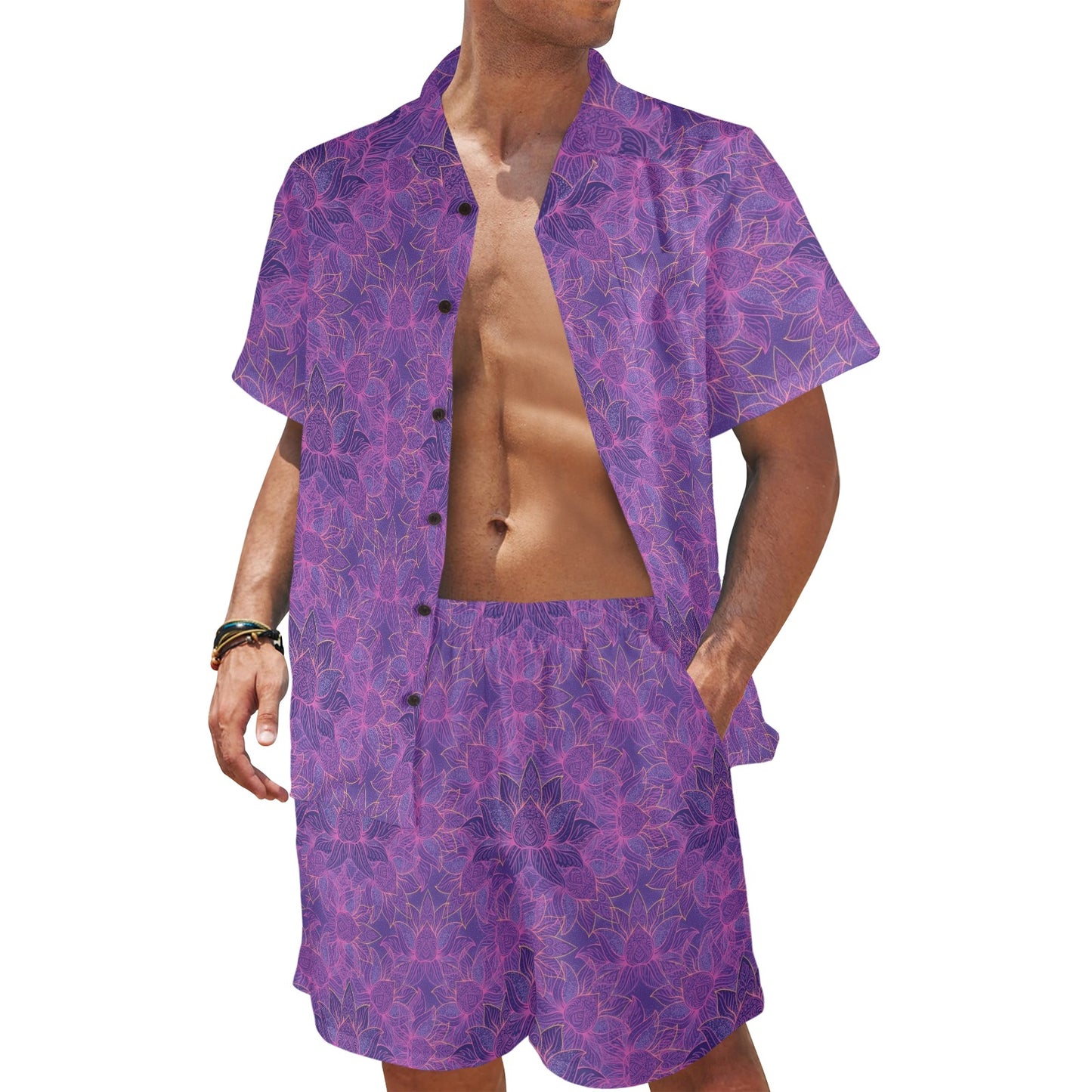 Bohemian Lotus Mandala Style Men's Beach Shirt and Shorts Set