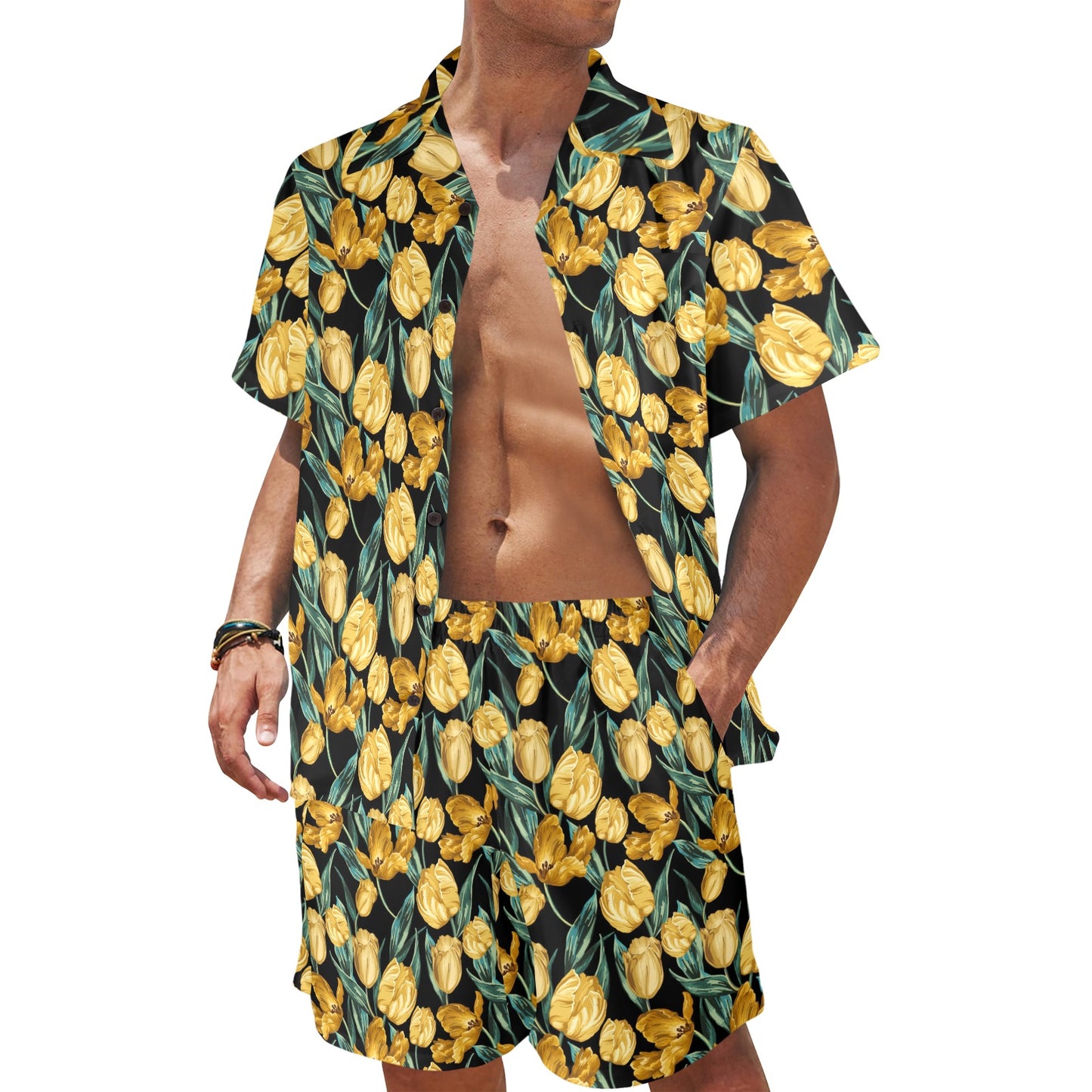 Elegant Yellow Tulip Print Men's Beach Shirt and Shorts Set